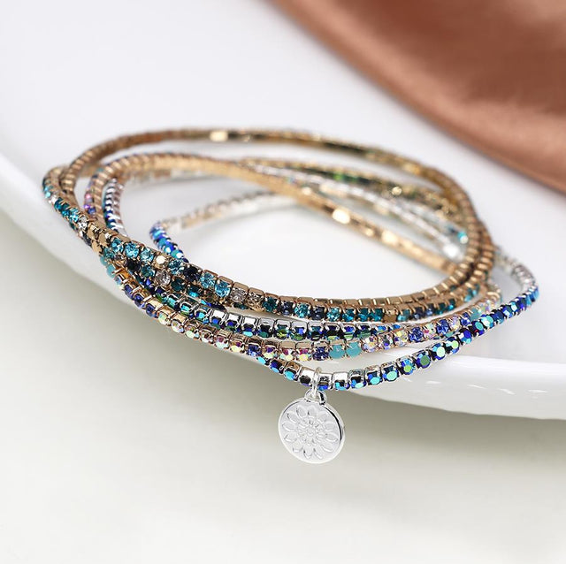 Silver and Faux Gold Blue Mix Crystal Five Bracelet Stack