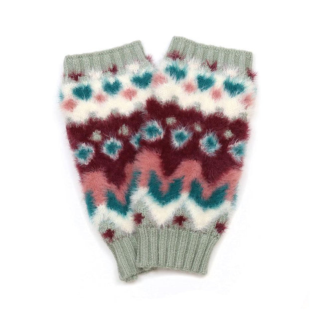 Pastel Blue and Wine Red Nordic Pattern Fluffy Knit Wristwarmers