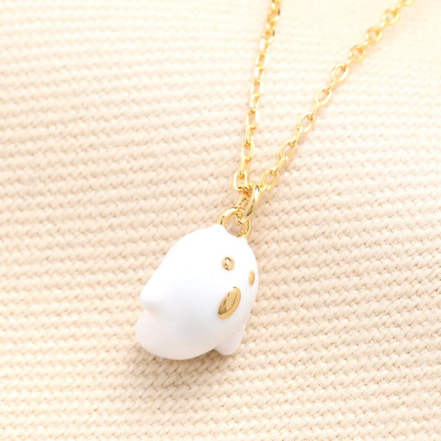 Enamel Ghost Pendant Necklace in Gold