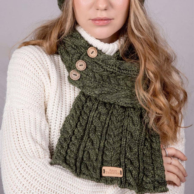 Celtic Green Cable Knit Button Wrap Scarf