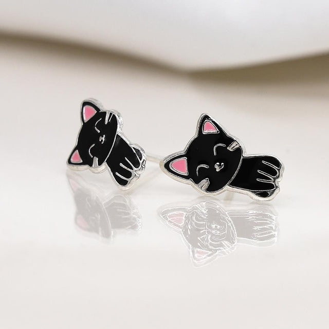 Sterling Silver Black Cat Stud Earrings