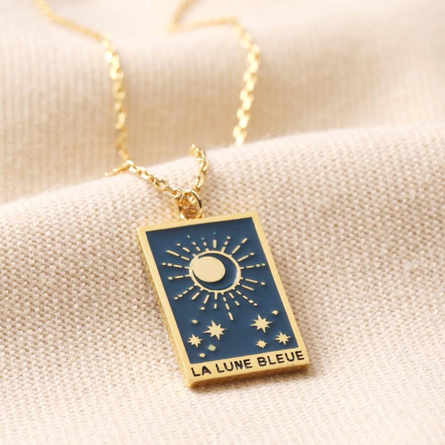 Blue Enamel Moon Tarot Card Pendant Necklace
