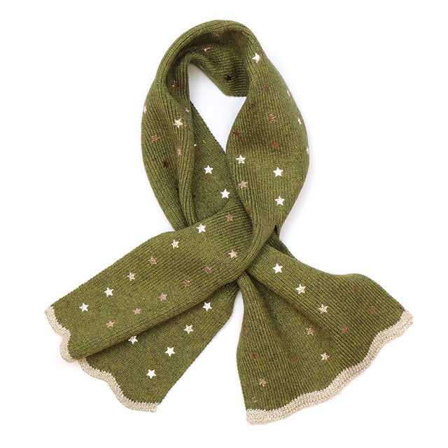 Khaki Green Fine Knit Pull Through Scarf With Foil Star Print