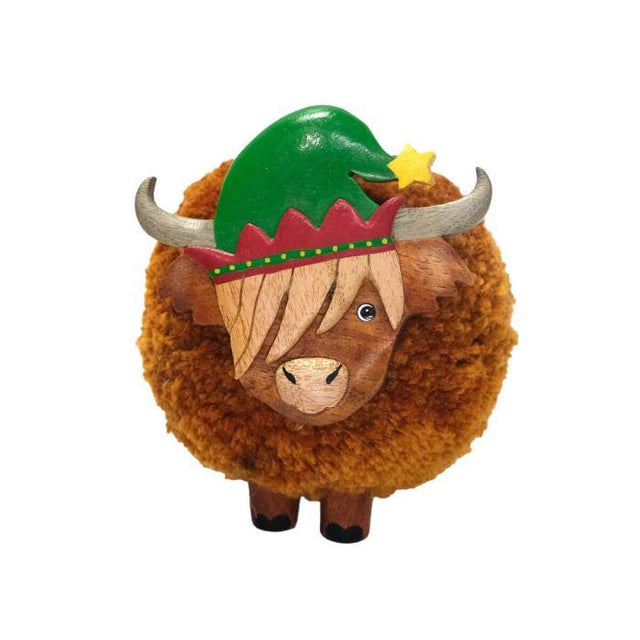 Large Highland Cow Pom Pom with Elf Hat Ornament