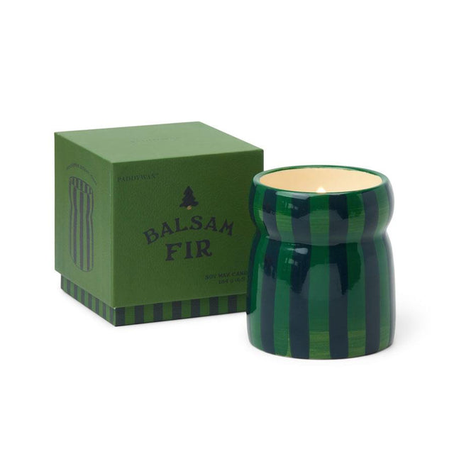 Balsam Fir Green and Navy Striped Ceramic Candle