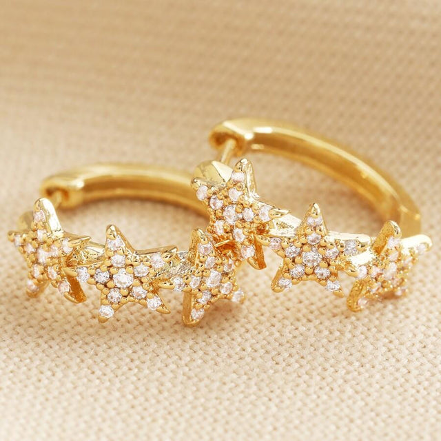 Crystal Triple Star Huggie Earrings in Gold