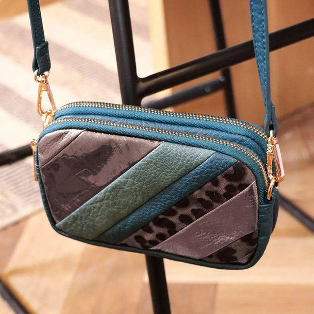 Teal Metallic Animal Print and Stipe Mini Cross Body Bag