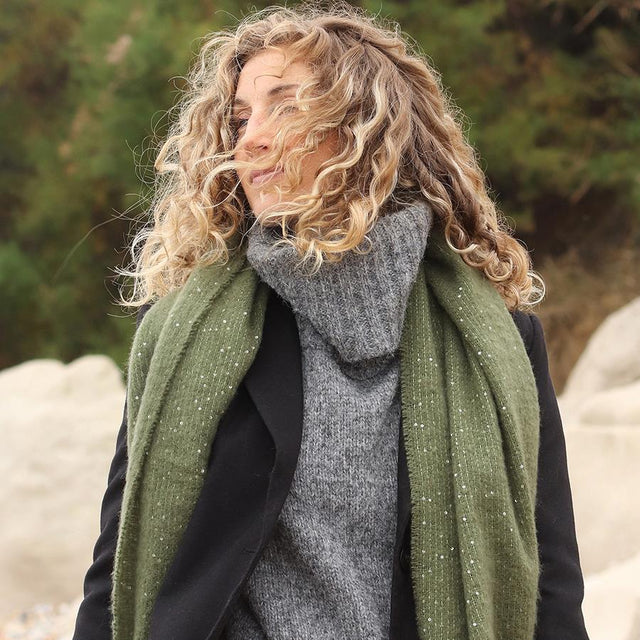 Pom Boutique Khaki Green Knit Scarf with Sequins