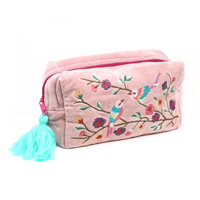 Pom Boutique Blush Pink Embroidered Bird Make Up Bag