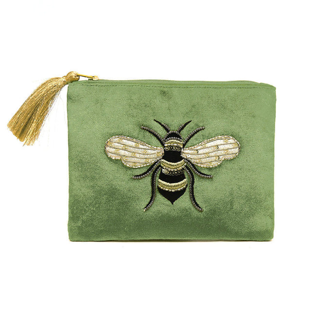 Green Embroidered Velvet Bee Zip Purse