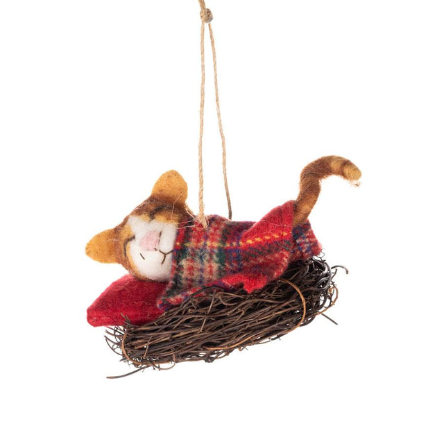 Cat in a Nest with Tartan Blanket Felt Hanging Decoration