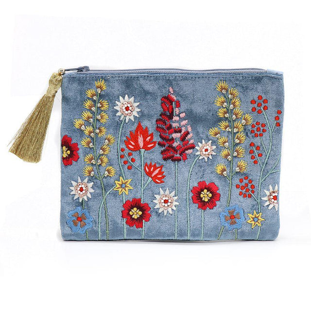 Pom Boutique Dusky Blue Velvet Flower Meadow Embroidered Purse