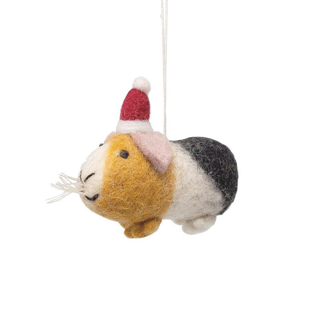 Guinea Pig with Santa Hat Felt Hanging Decoration Side Facing