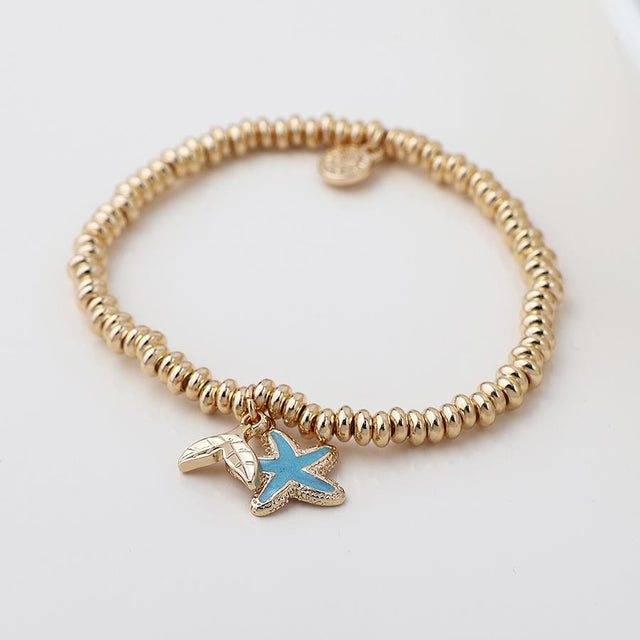 Faux Gold Bead Bracelet with Blue Enamel Starfish Charm