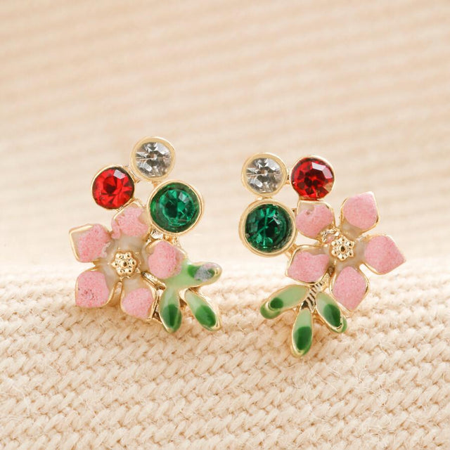 Crystal and Enamel Flower Stud Earrings