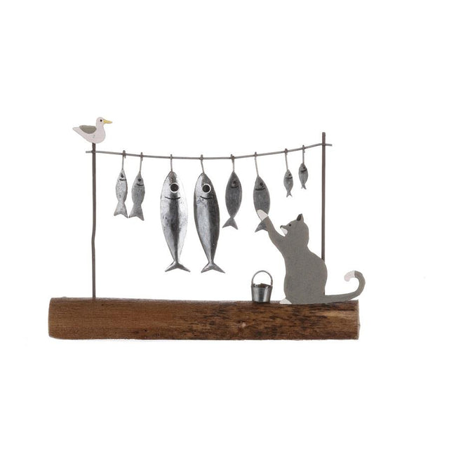 Cat Stealing Fish Tin and Wood Decoration