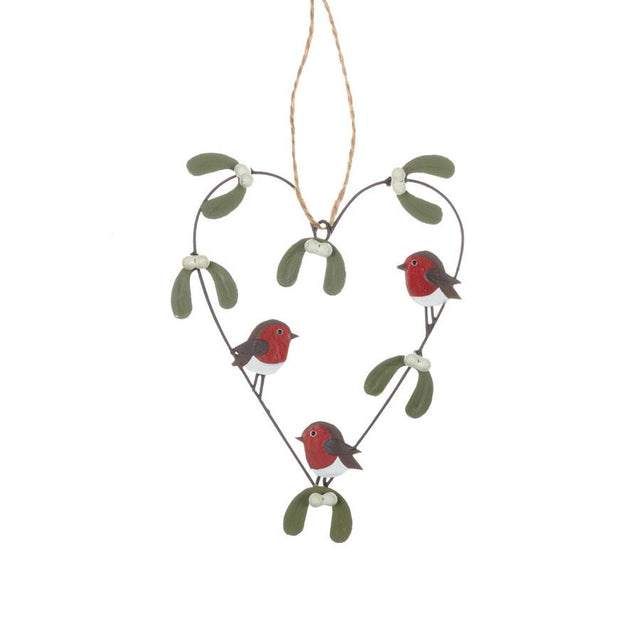 Robins & Mistletoe Metal Heart Decoration