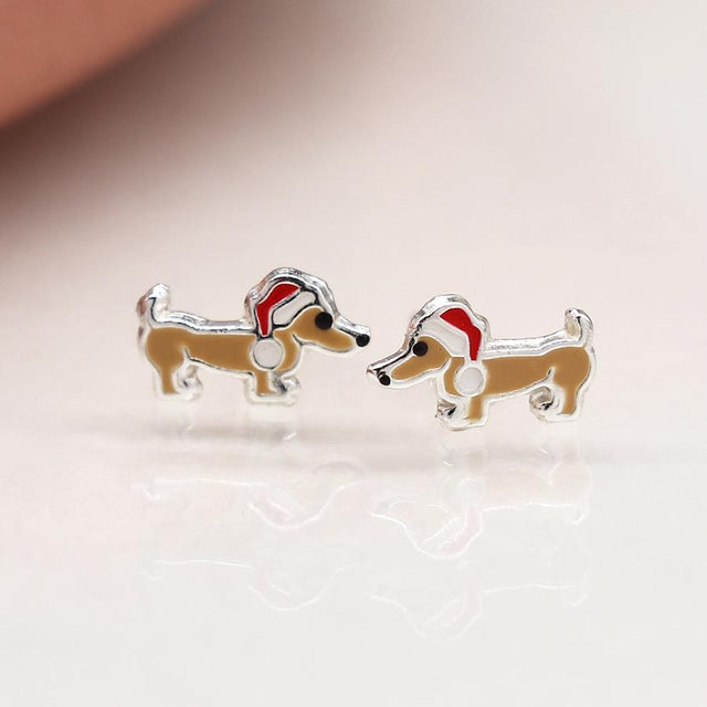 Silver Christmas Dachshund Mini Stud Earrings