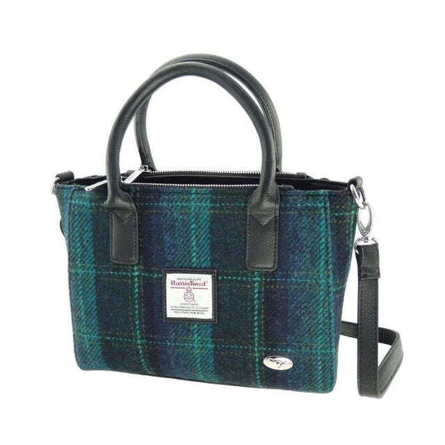 Glen Appin Harris Tweed Brora Small Tote in Blue with Turquoise Overcheck