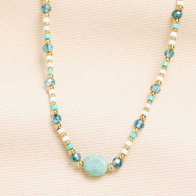 Semi Precious Beaded Blue Oval Pendant Necklace
