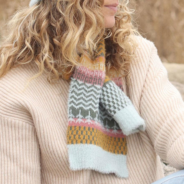 Pale Blue and Mustard Multi Pattern Pull Through Scarf