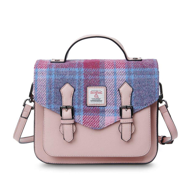 Islander Harris Tweed Medium Calton Satchel in Pink and Blue Tartan