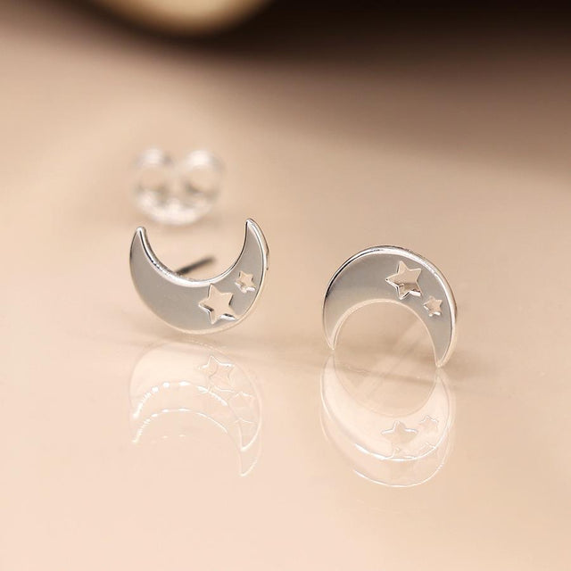 Silver Moon With Star Cut Out Stud Earrings