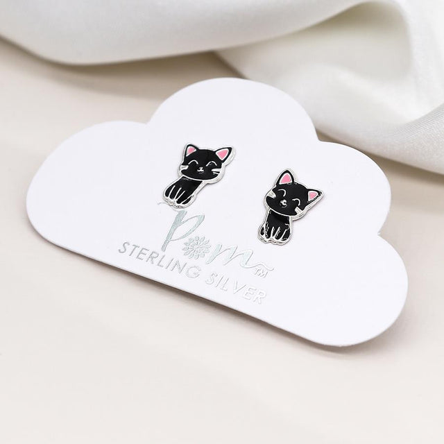 Sterling Silver Black Cat Stud Earrings