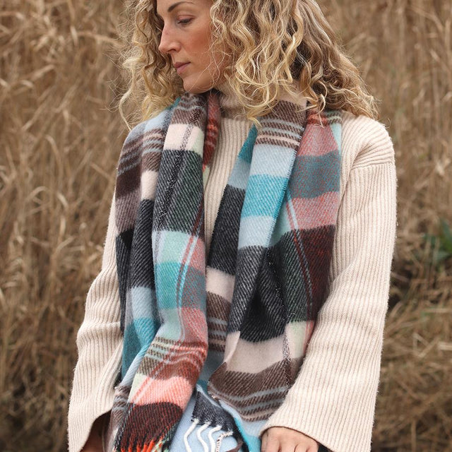 Blue and Dark Grey Tartan Check Scarf with Glitter Detailing