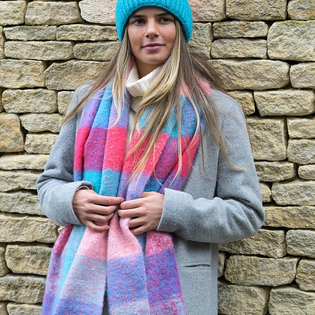 Bright Pink and Blue Checked Scarf on Model