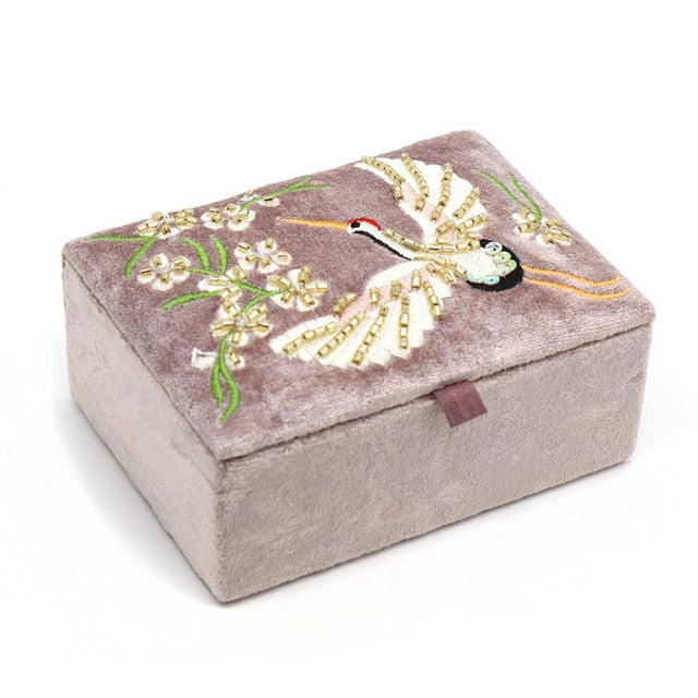 Pom Boutique Crane Embroidered Mink Velvet Jewellery Box