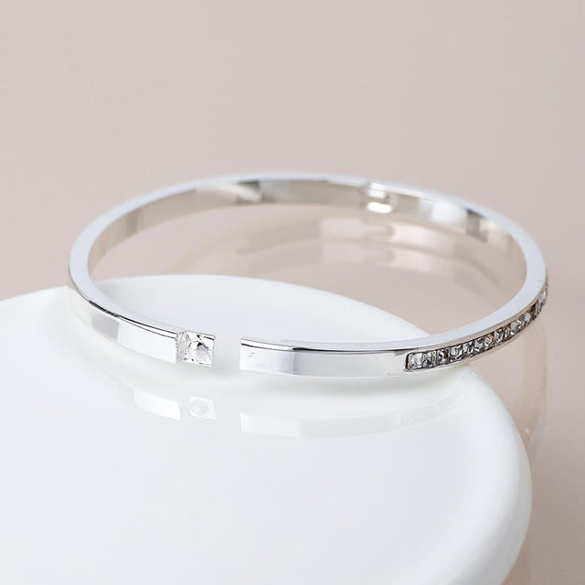 Silver Slim Hinged Bangle with Clear Crystals