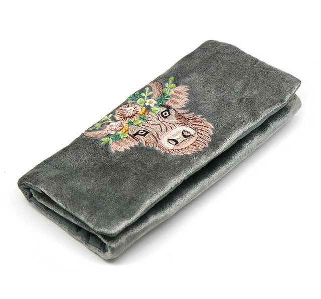 Velvet Jewellery Roll with Embroidered Highland Cow Design