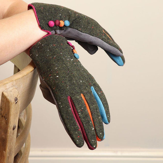 Dark Green Tweed Colour Contrast Gloves with Button Detailing