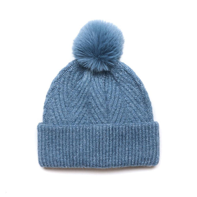 Denim Blue Herringbone Knit Bobble Hat