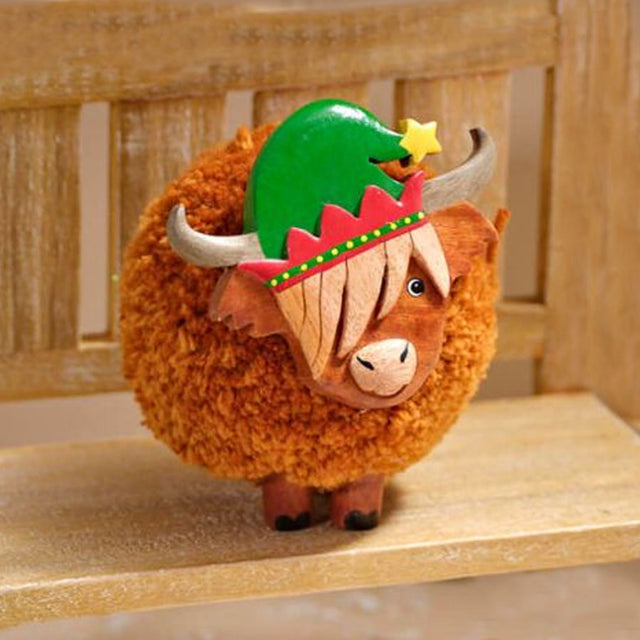 Large Highland Cow Pom Pom with Elf Hat Ornament
