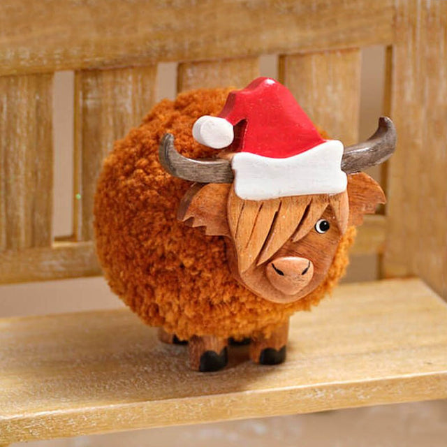 Large Highland Cow Pom Pom with Santa Hat Ornament