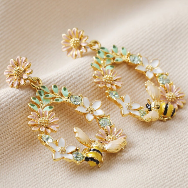 Lisa Angel Crystal Flower and Enamel Bee Drop Earrings Close Up