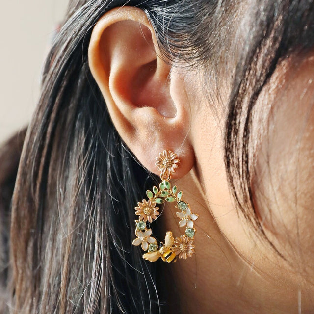 Lisa angel Crystal Flower and Enamel Bee Drop Earrings on Model