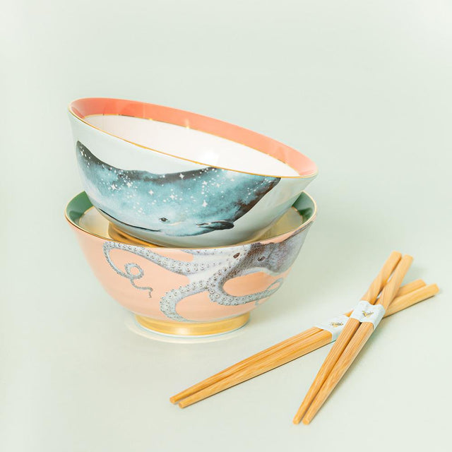 Octopus and WHale Rice Bowl Set with Chopsticks