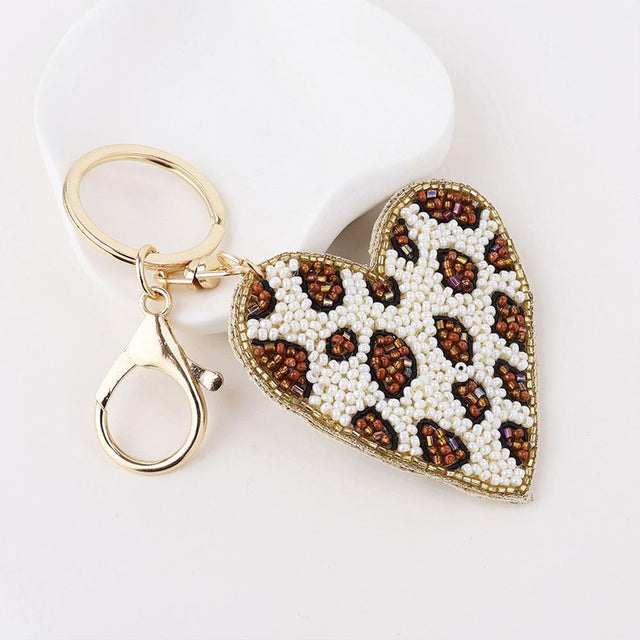 Leopard Heart Beaded Keyring