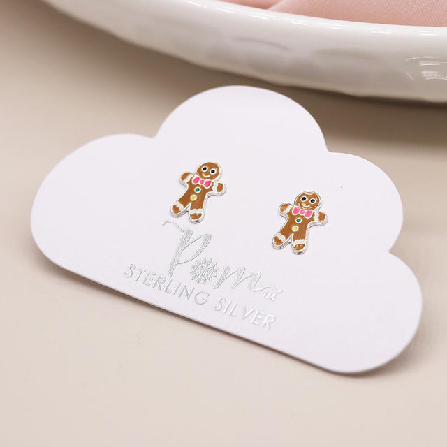 Silver and Enamel Gingerbread Man Mini Stud Earrings