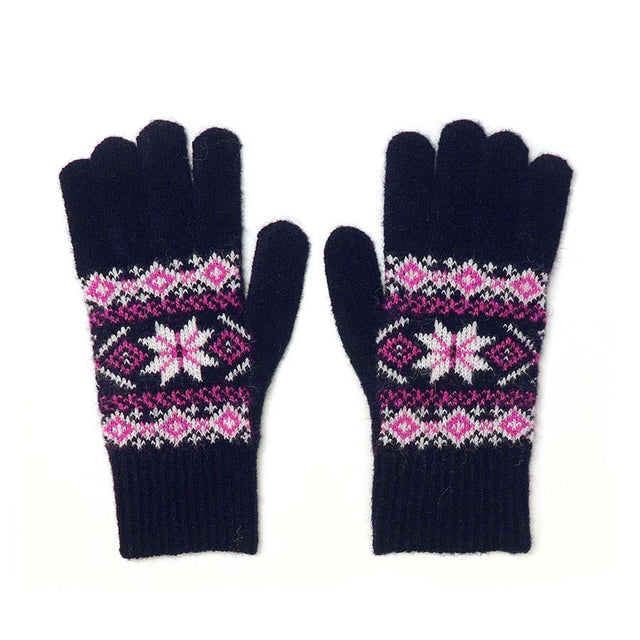 Navy Star Flower Wool Blend Gloves