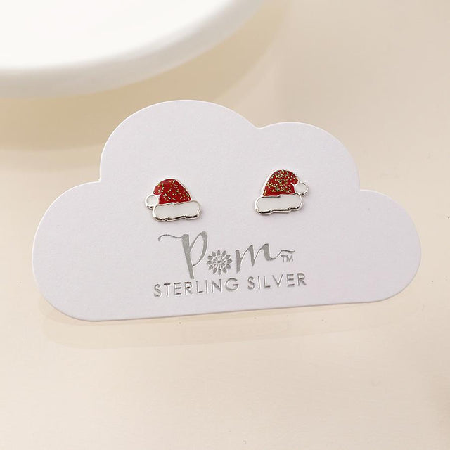 Silver Sparkly Santa Hat Stud Earrings