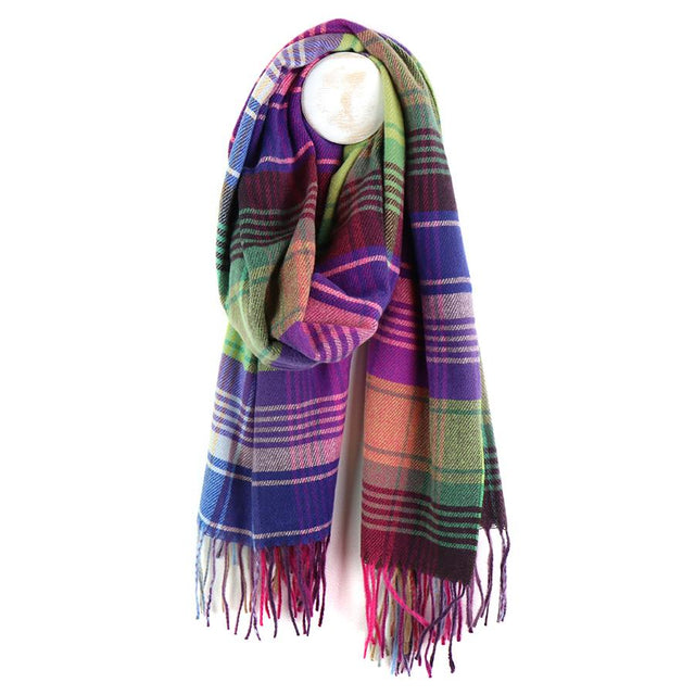 Violet and Olive Green Bright Check Winter Blanket Scarf