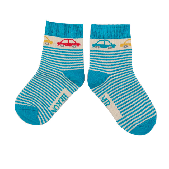 Teal Cards Cars & Stripes Toddler Socks