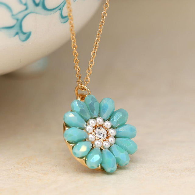 Pom Boutique Aqua Bead & Tiny Glass Pearl Daisy Pendant Necklace Close Up