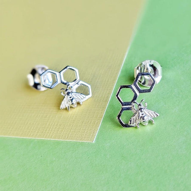 Silver Bumblebee and Honeycomb Stud Earrings