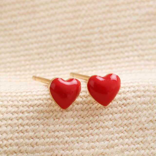 Red Enamel Heart Stud Earrings in Gold Close Up