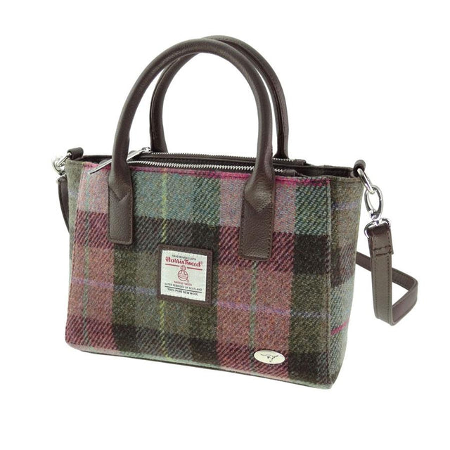 Harris Tweed Brora Small Tote in Muted Green & Rose Pink Tartan